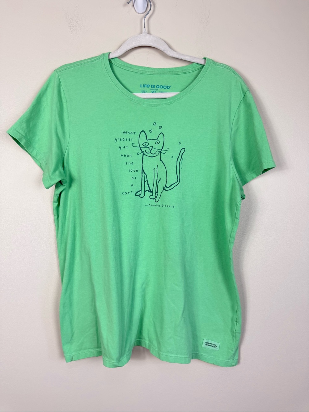Life is Good Top XL Cat Heart Green Graphic Cotton Tee Short Sleeve Casual - Picture 5 of 5